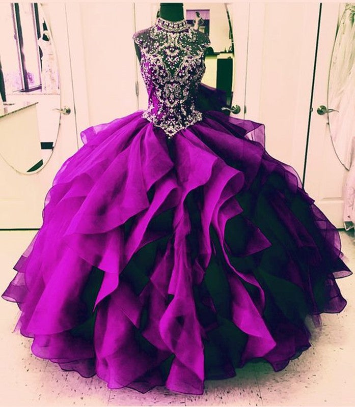 High Neck Crystal Beaded Bodice Corset Organza Layered Quinceanera Dresses Ball Gowns