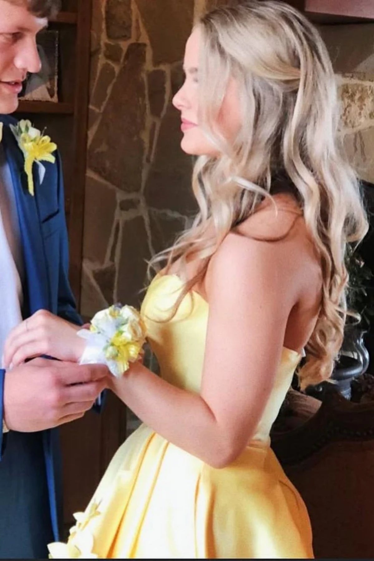 High Low Strapless Yellow Satin Long Prom Dress with 3D Flowers, High Low Yellow Formal Dress, Yellow Evening Dress