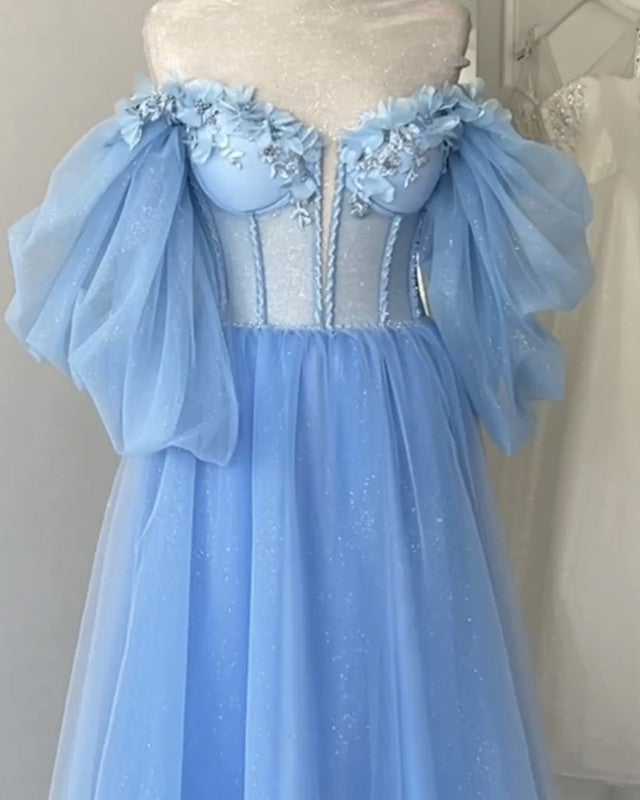 Blue A-line Midi Tulle Corset Dress With Puffy Sleeves