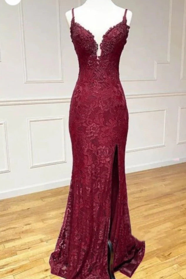 Lace Spaghetti Straps V-Neck Mermaid Formal Prom Dress with Slit
