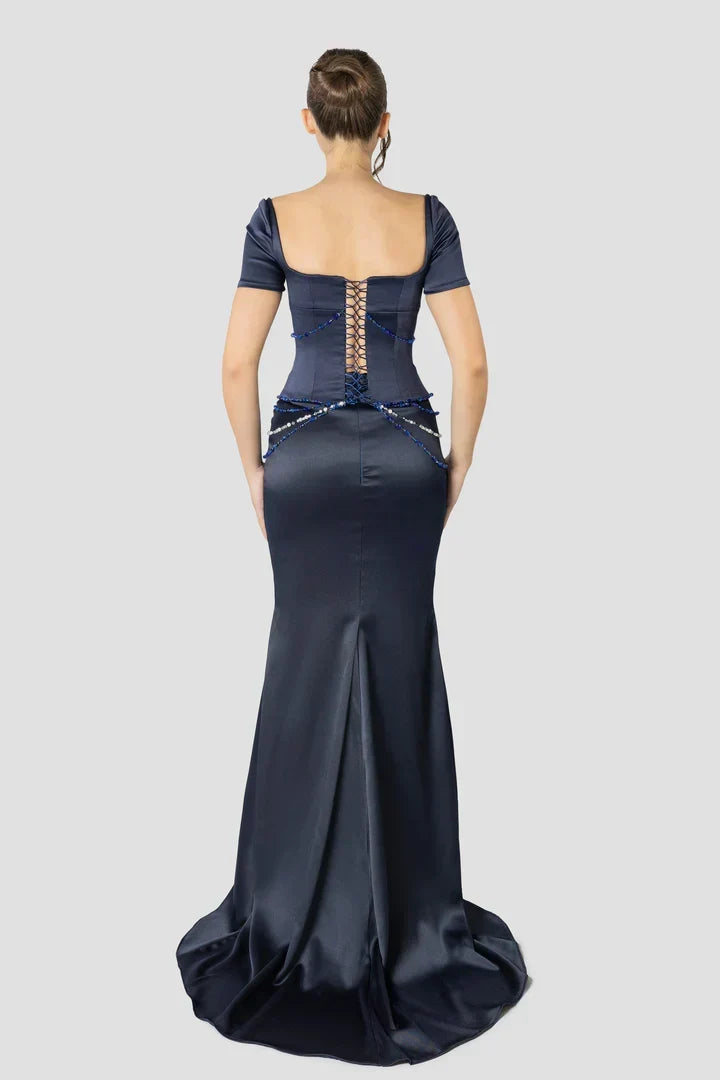 Vintage Dark Blue Mermaid Design Valentine Couture Satin Short-sleeved Prom Dress Evening Dress HZ1024