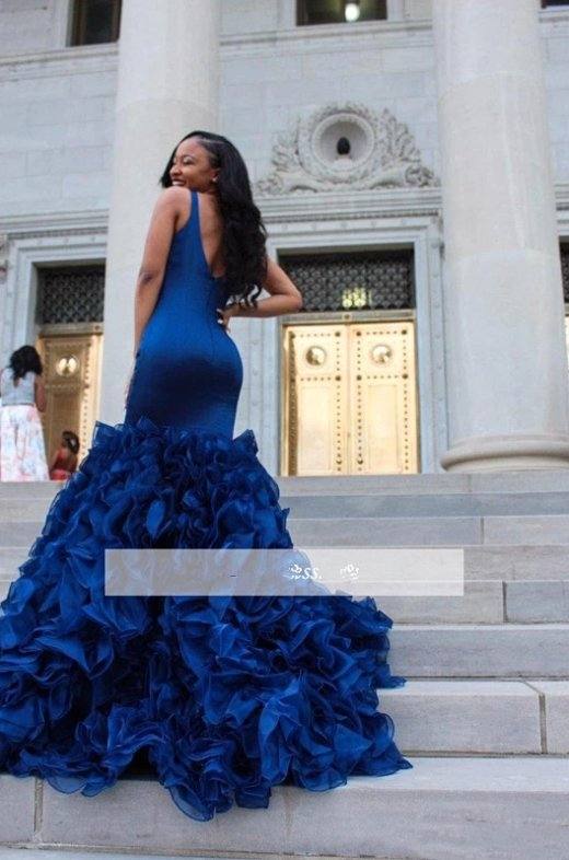 Blue Robe De Soiree Mermaid V-neck Organza Ruffles Backless Sexy Plus Size Long Prom Dresses Prom Gown Evening Dresses - RongMoon