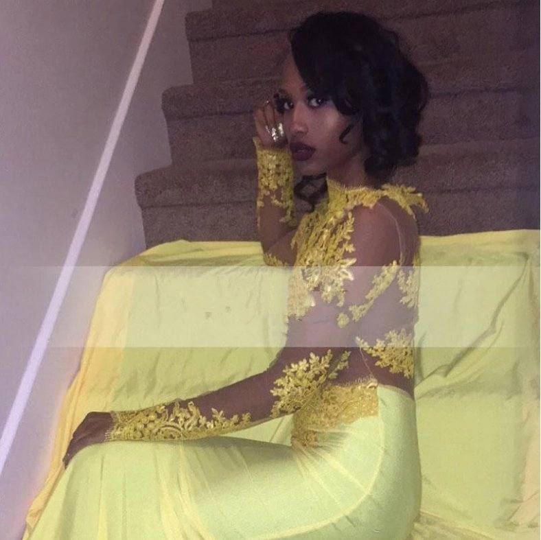 Yellow Robe De Soiree Mermaid Long Sleeves Appliques Sexy Long Women Party Prom Dresses Prom Gown Evening Dresses - RongMoon
