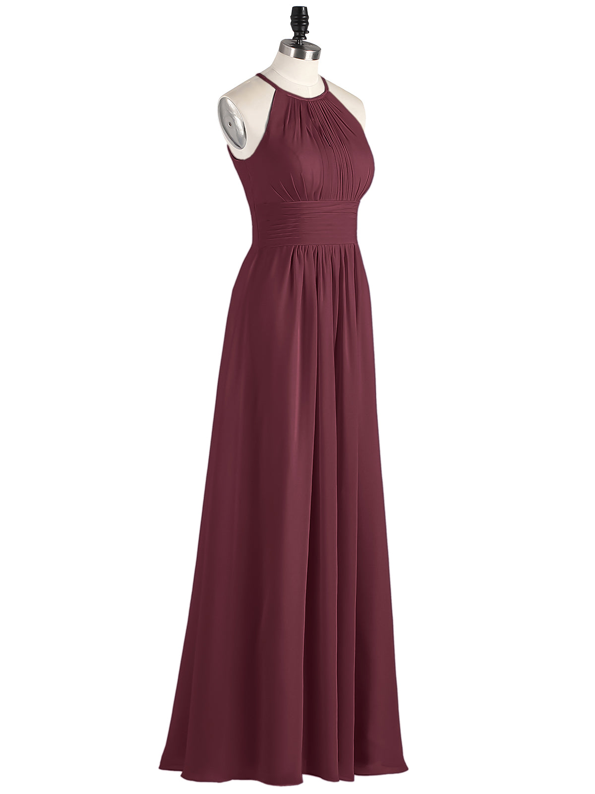 Halter Long Chiffon Dress with Pleated Waist-Cabernet
