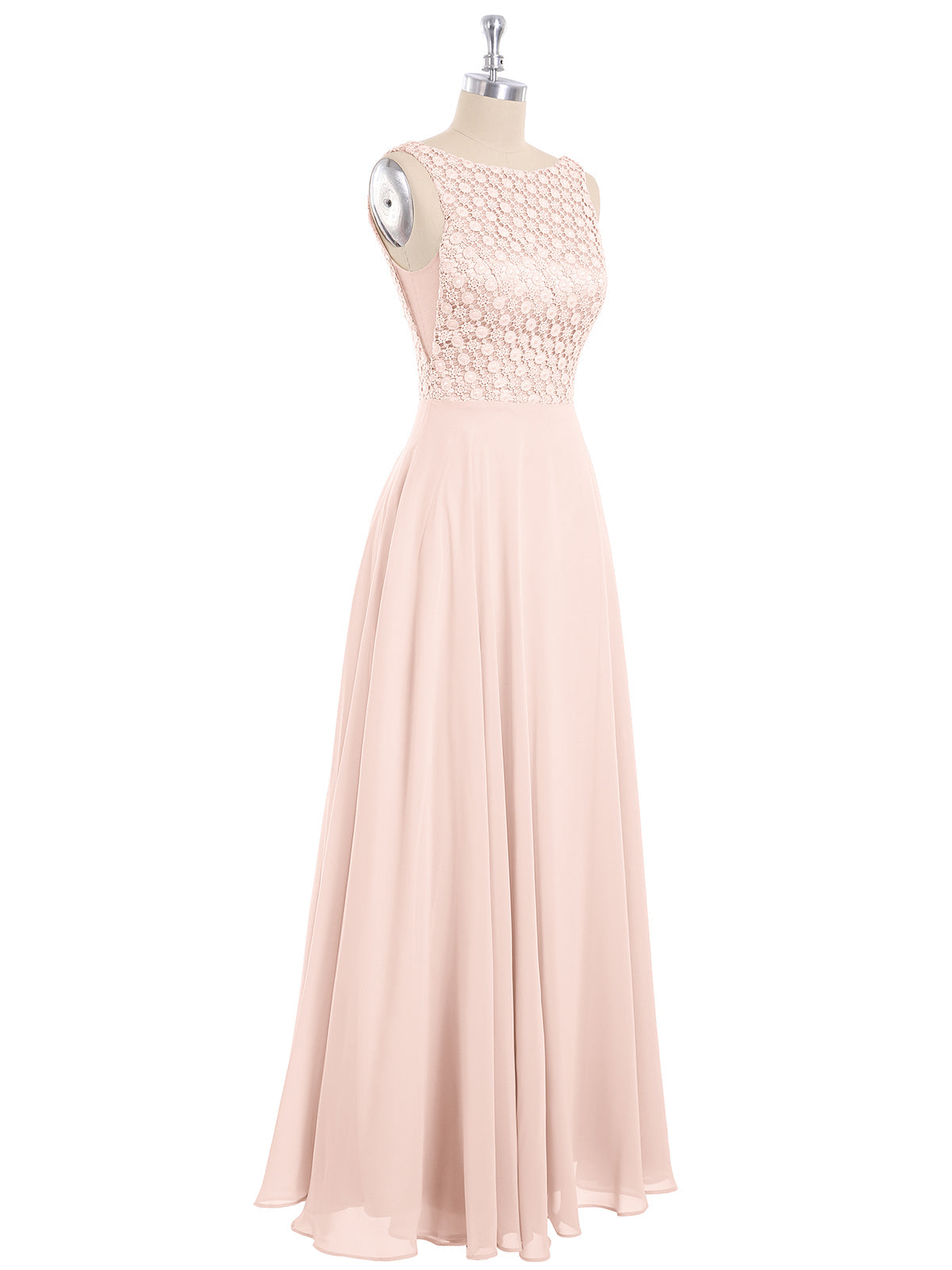 Lace Bodice Chiffon Skirt Long Gown-Pearl Pink