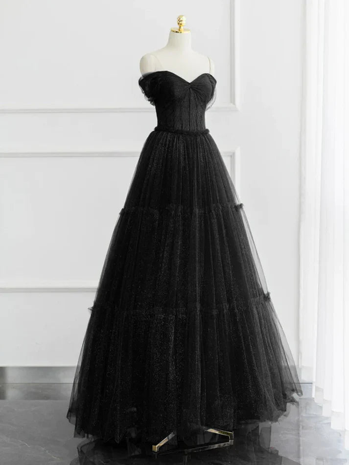 Burgundy A-line Off Shoulder Tulle Shiny Long Prom Dress Charming Evening Dress Wholesale