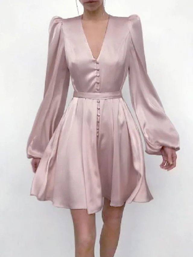 A-Line Minimalist Elegant Homecoming Cocktail Party Dress V Neck Long Sleeve Short / Mini Imitation Silk with Sleek - RongMoon