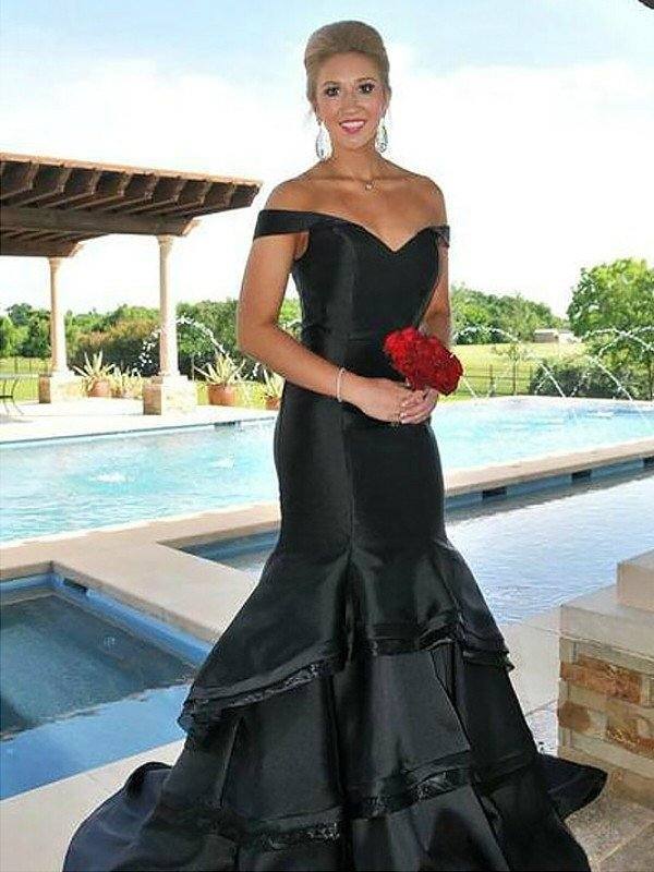 Trumpet/Mermaid Sleeveless Off-the-Shoulder Satin Layers Sweep/Brush Train Dresses - RongMoon