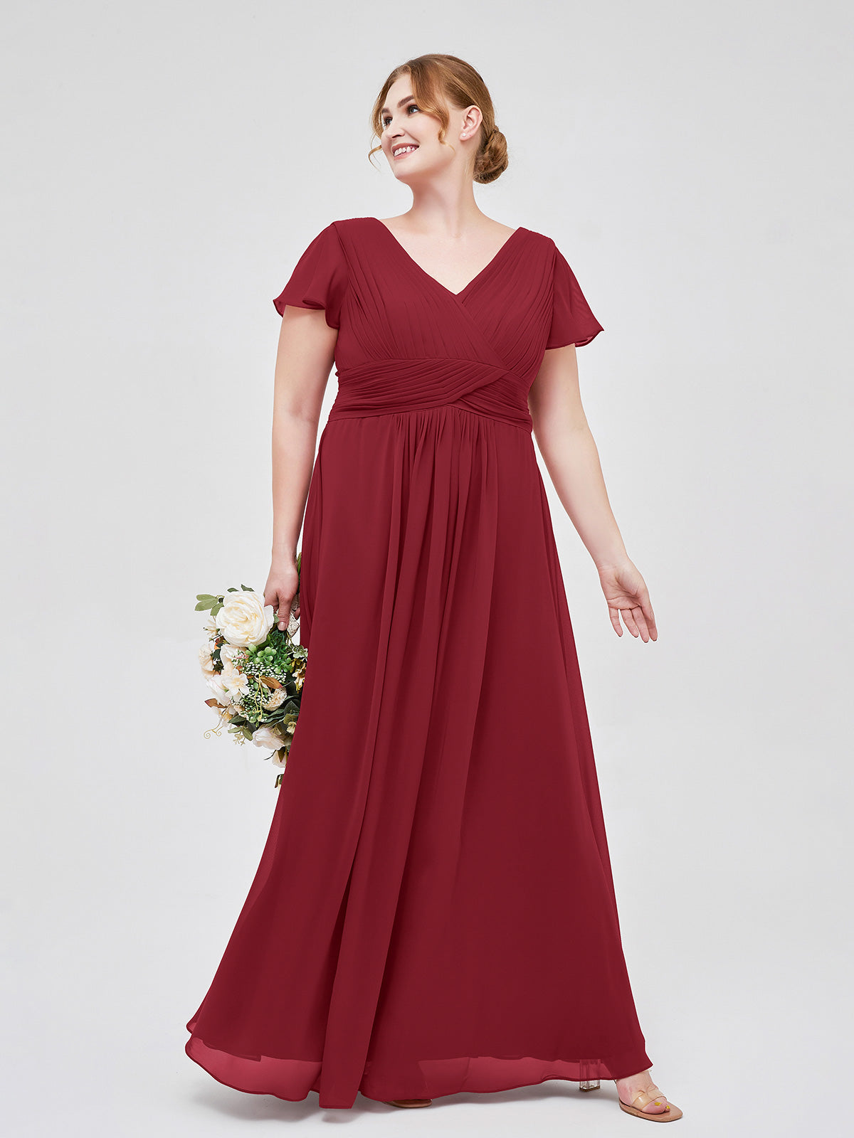 Cap Sleeves Chiffon Long Bridesmaid Dress Burgundy