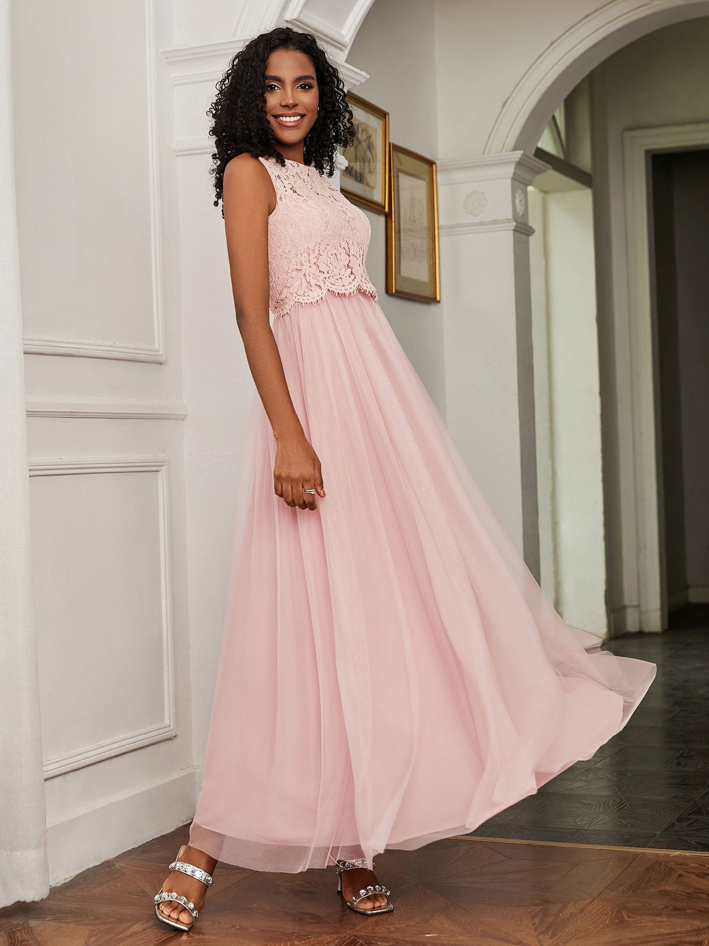 A-Line Sleeveless Tulle Floor-Length Dress Dusty Rose