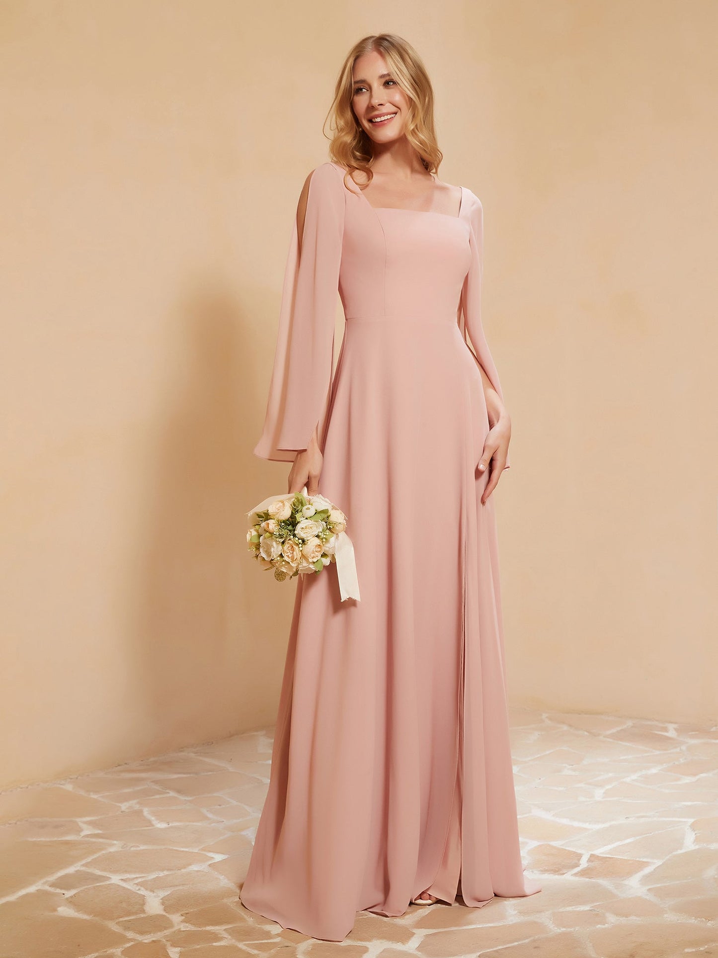 Square Neckline Ruched Chiffon Floor-length Dress Dusty Rose