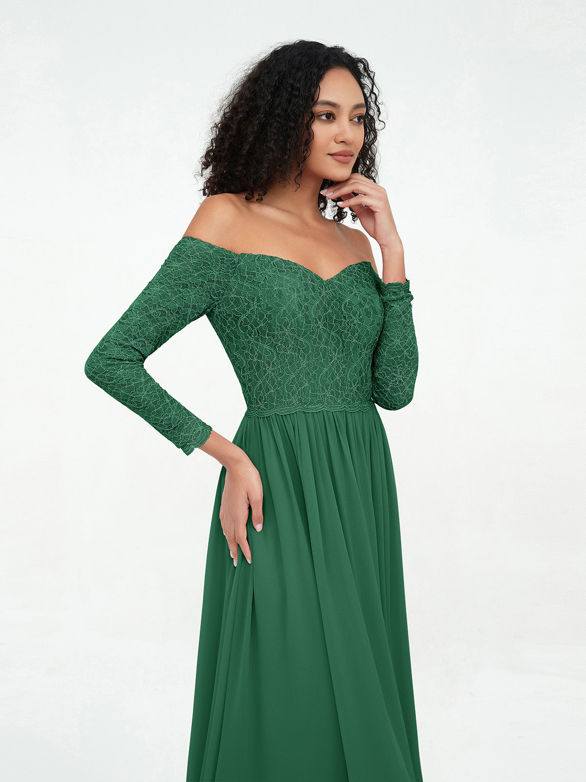 Off Shoulder Lace Top Long Sleeves Dresses-Dark Green