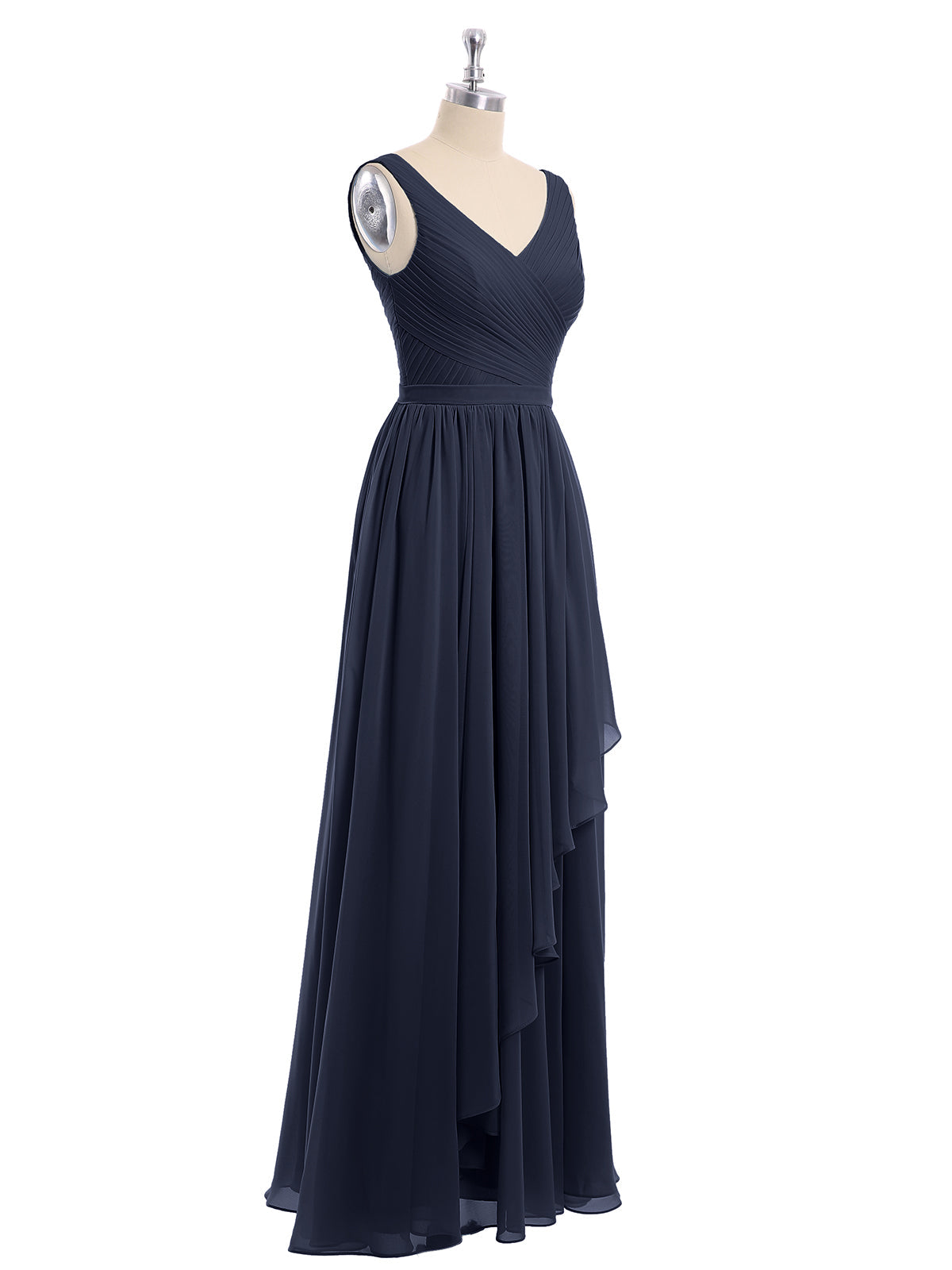 Chiffon V-neck Dress with Cascade Skirt Dark Navy