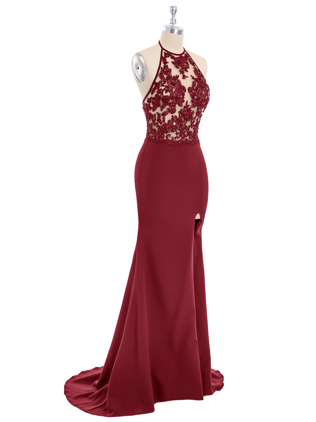 Halter Mermaid Sexy Dress with Slit-Burgundy