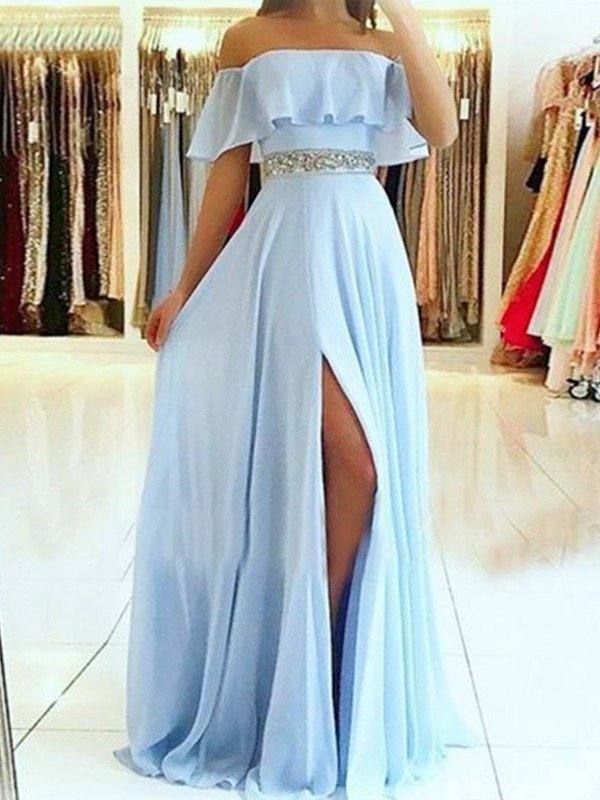 A-Line/Princess Sleeveless Off-the-Shoulder Floor-Length Beading Chiffon Dresses - RongMoon