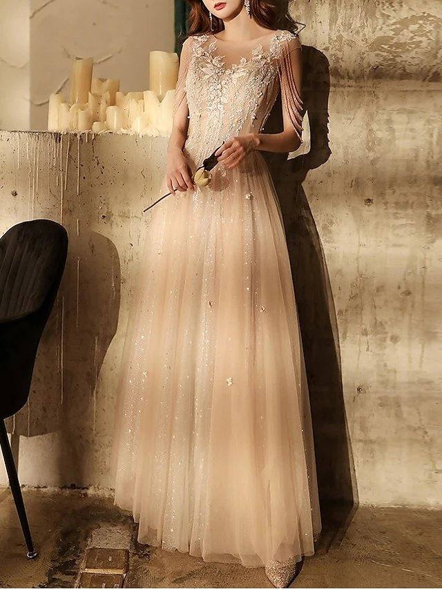 A-Line Sparkle Elegant Wedding Guest Engagement Dress Illusion Neck Short Sleeve Floor Length Tulle with Sequin Tassel Appliques - RongMoon