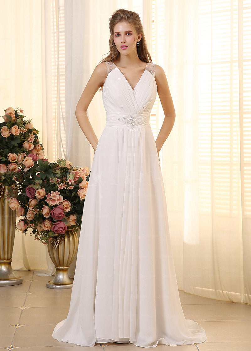 Junoesque A-Line V-neck Sleeveless Beadings Pleated Chiffon Wedding Dresses