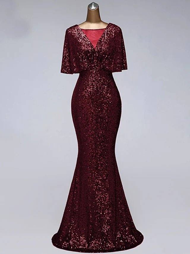 Mermaid / Trumpet Sparkle Elegant Prom Formal Evening Dress Illusion Neck Half Sleeve Floor Length Sequined with Sequin Ruffles - RongMoon
