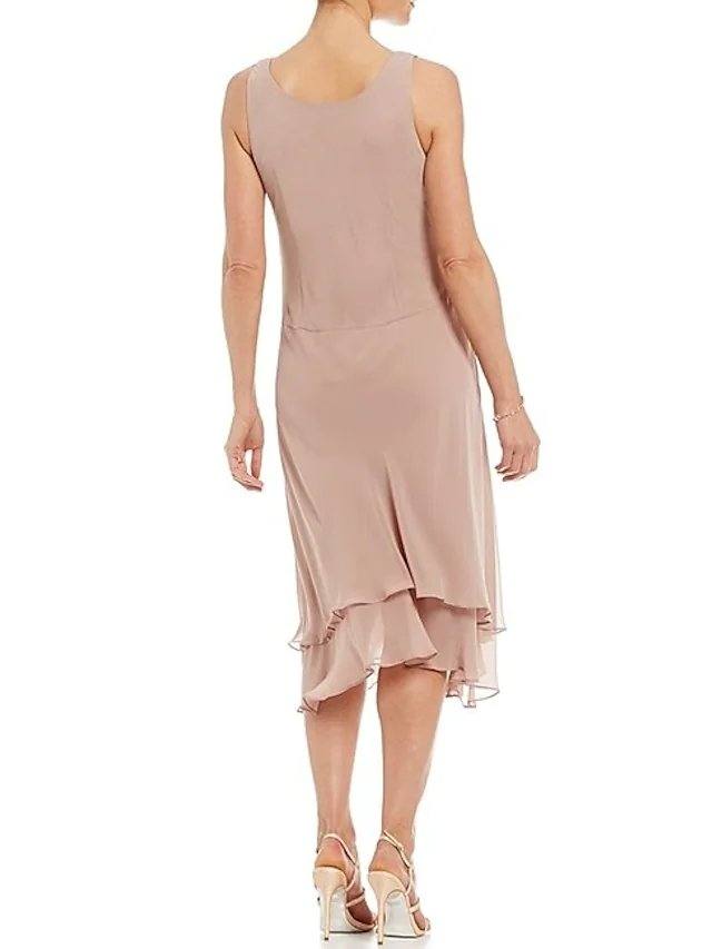 Two Piece A-Line Mother of the Bride Dress Elegant Jewel Neck Tea Length Chiffon Long Sleeve with Beading Cascading Ruffles - RongMoon