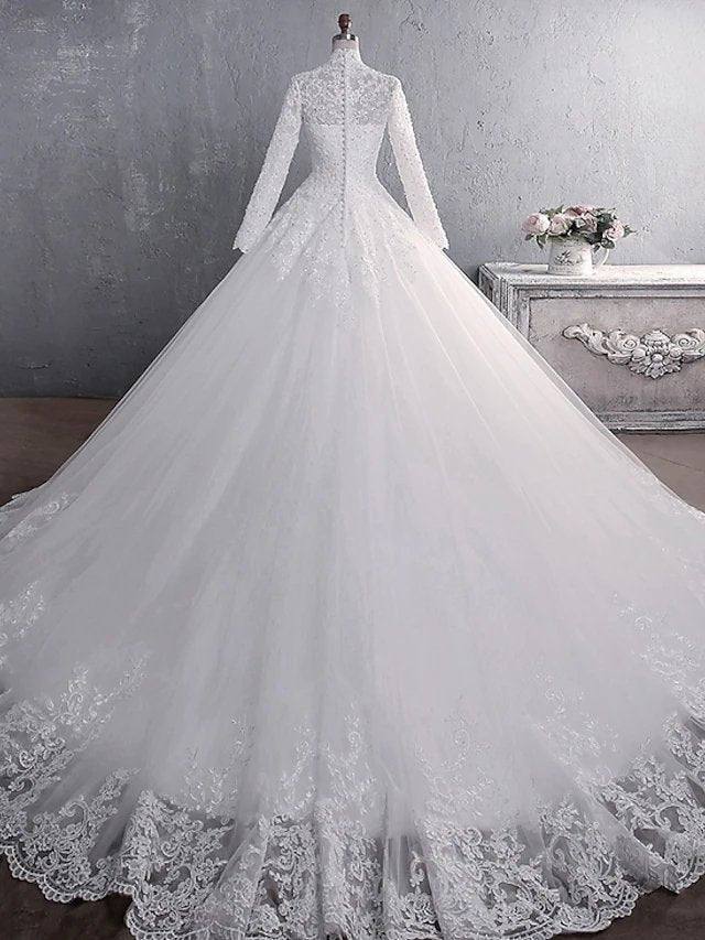 Princess A-Line Wedding Dresses High Neck Court Train Lace Tulle Long Sleeve Formal Romantic Luxurious with Appliques - RongMoon