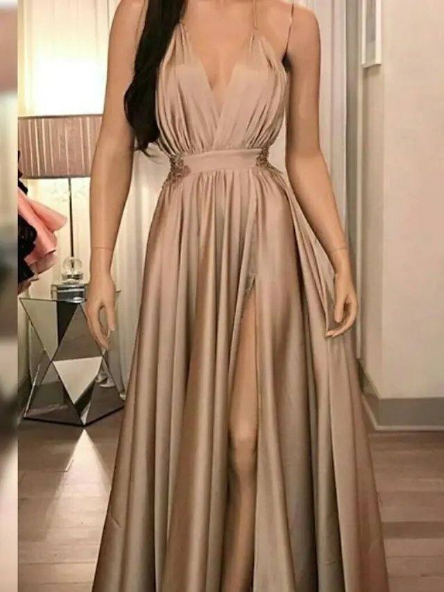 A-Line Minimalist Sexy Wedding Guest Formal Evening Dress V Neck Sleeveless Floor Length Stretch Satin with Pleats Split - RongMoon