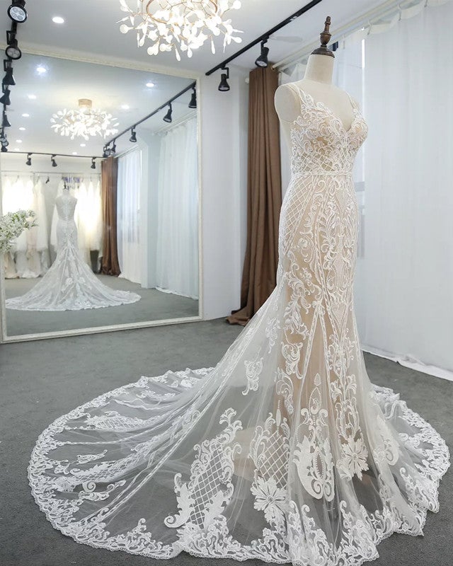 Lace V Neck Mermaid Wedding Dresses