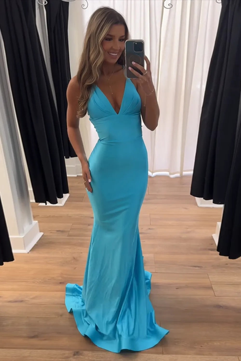 Light Blue Deep V-Neck Mermaid Backless Long Prom Dress