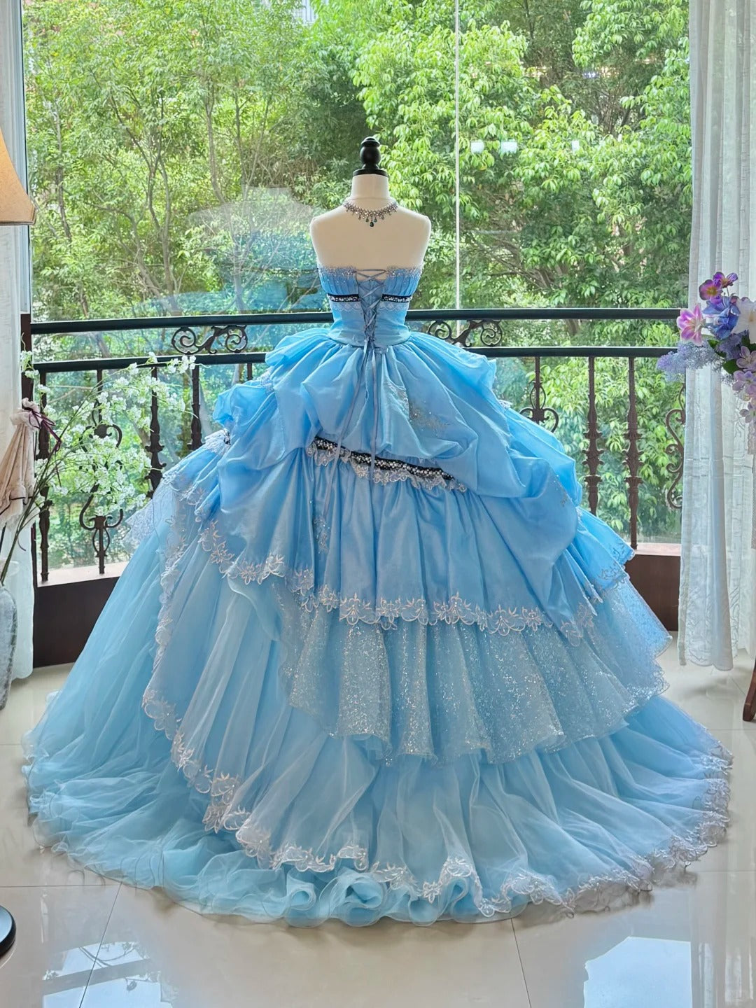 Girlhomeshops-Blue Gorgeous Elegant Sweet Long Tulle Quinceanera Dresses Ball Gown Graduation Dress Princess gh5004