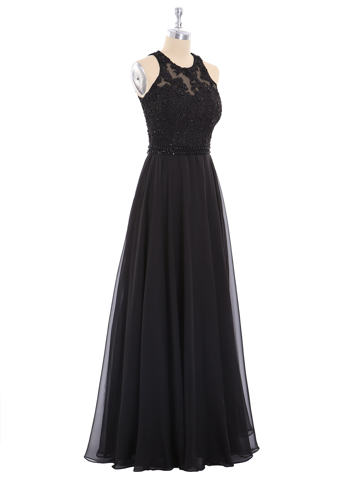 Open Back Chiffon Beaded Waistband Dress-Black