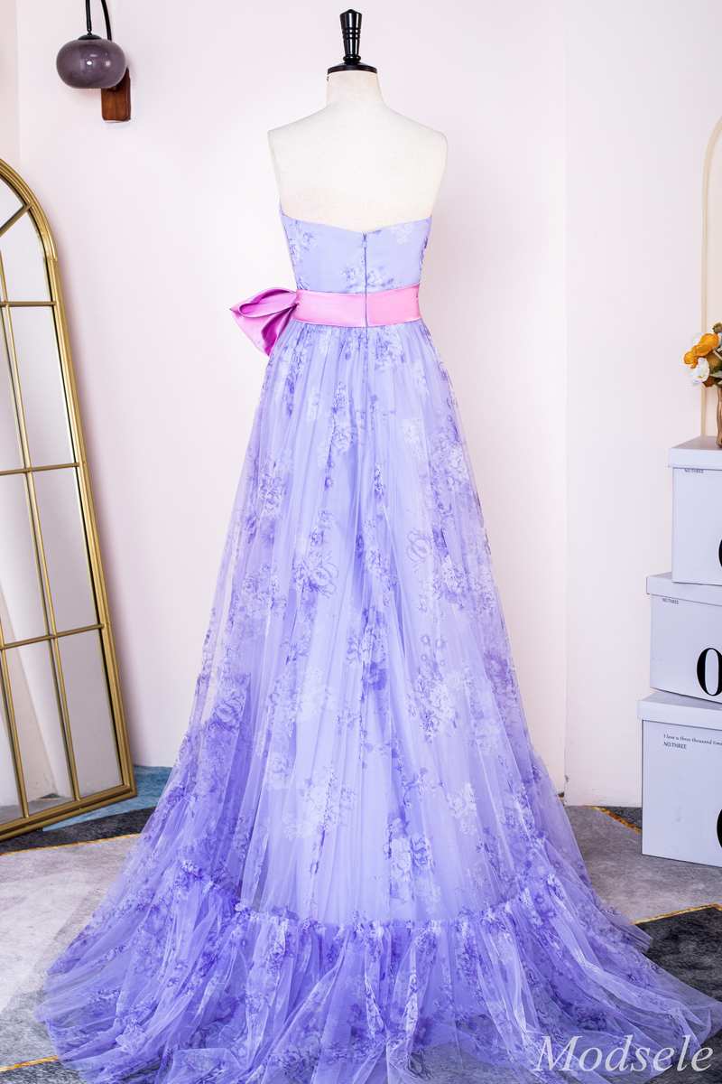 Lavender Print Strapless Bow Front A-Line Long Prom Dress