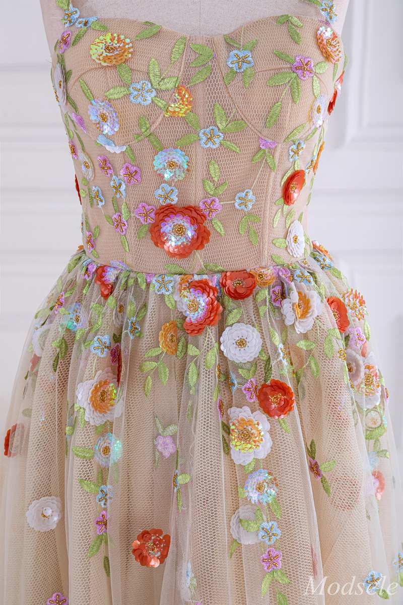 Nude Sequin Appliques Sweetheart A-Line Long Prom Dress