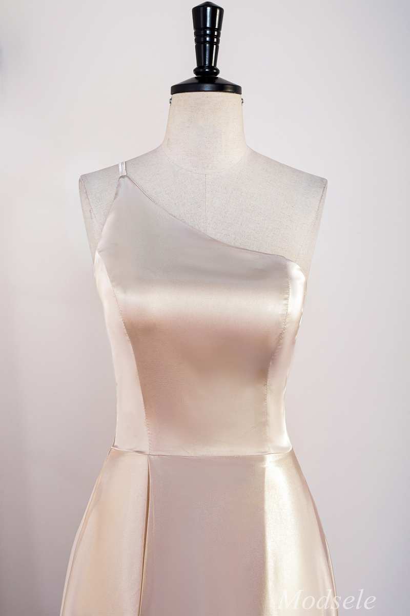 A-Line Champagne One-Shoulder A-Line Long Dress