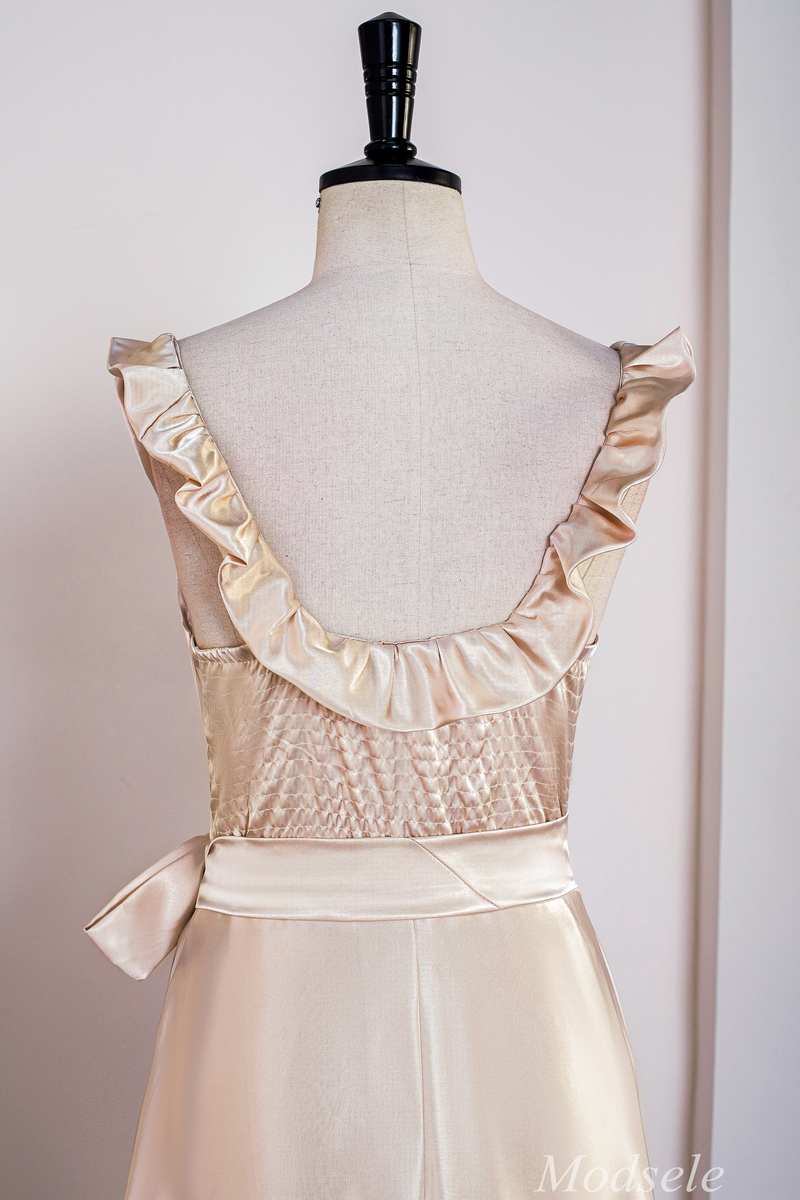 Champagne Round Neck Ruffle Backless A-Line Long Dress