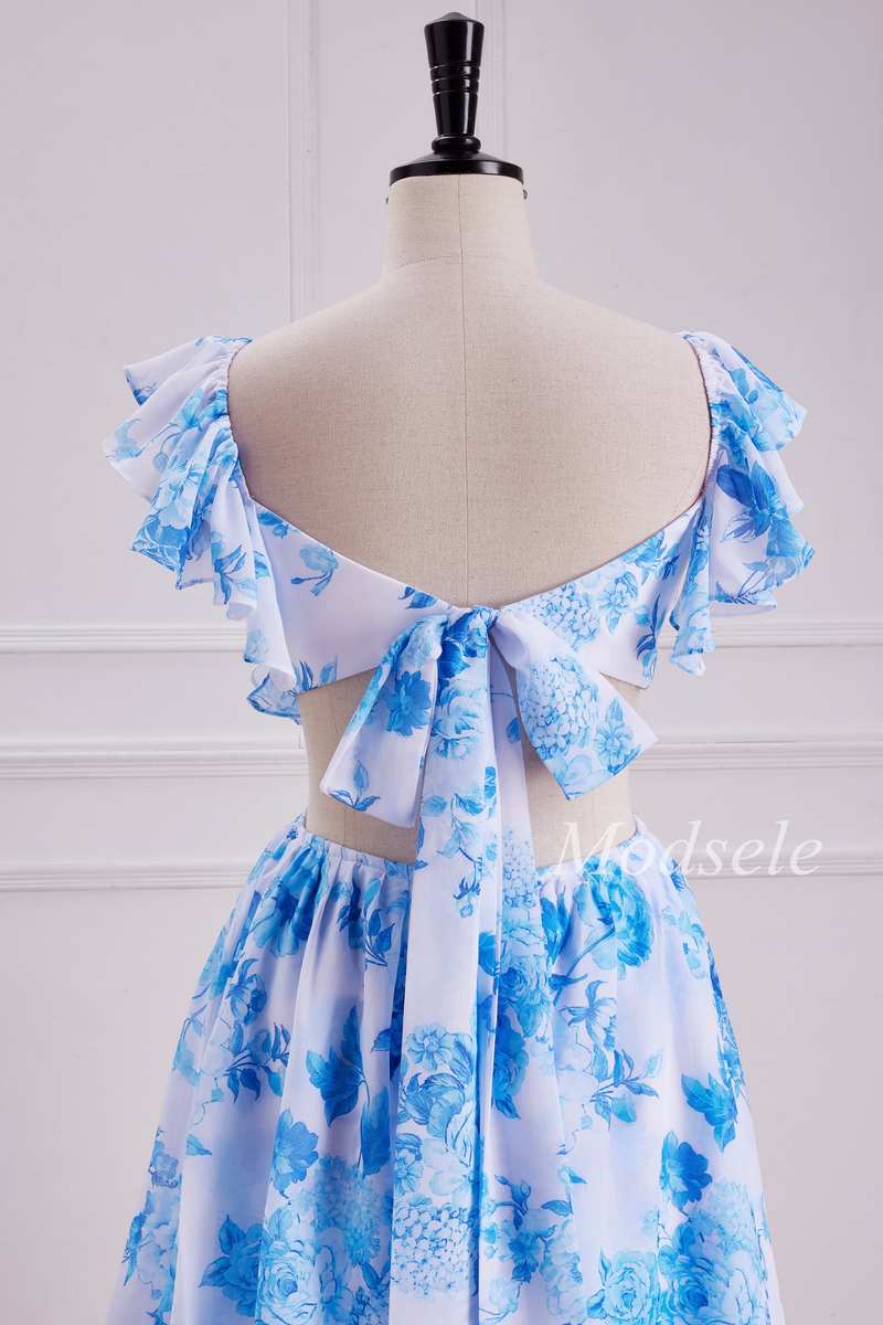 Flutter Sleeve Cutout Tiered Floral Print Maxi Dress