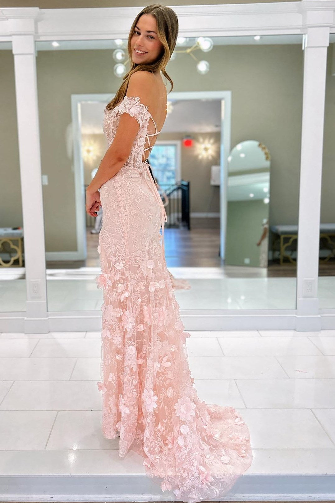 3D Floral Lace Off-the-Shoulder Corset Long Formal Dress with Slit