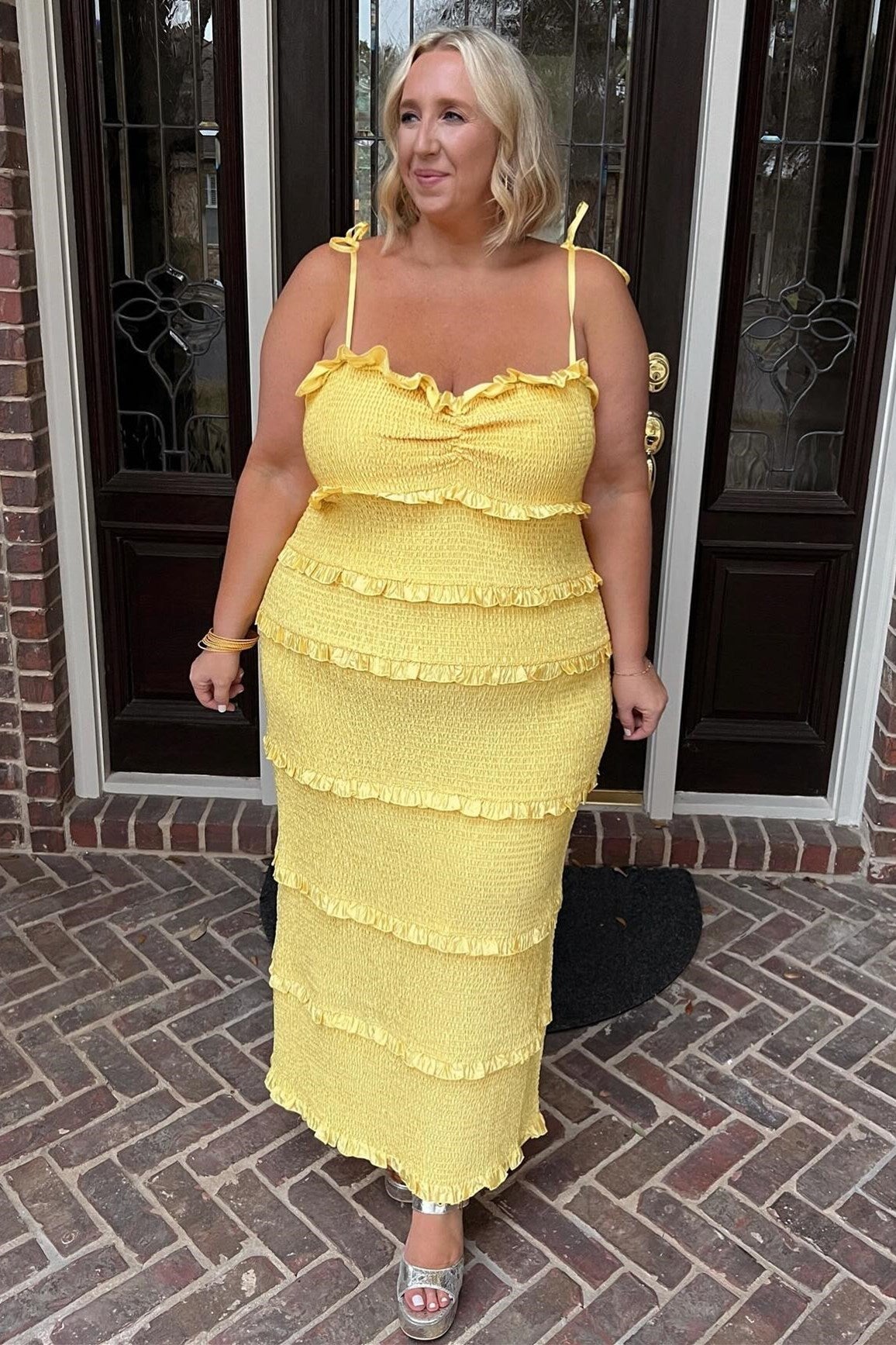 Spaghetti Strap Ruffle Smoked Midi Dress in Yellow