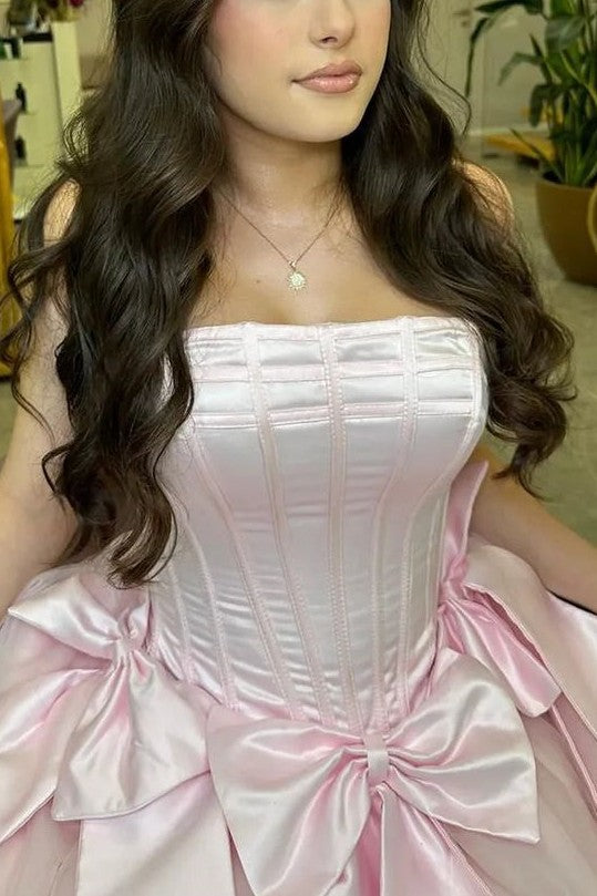 Pink Strapless A-Line Empire-Waist with Bows Pleated Short Homecoming Dress