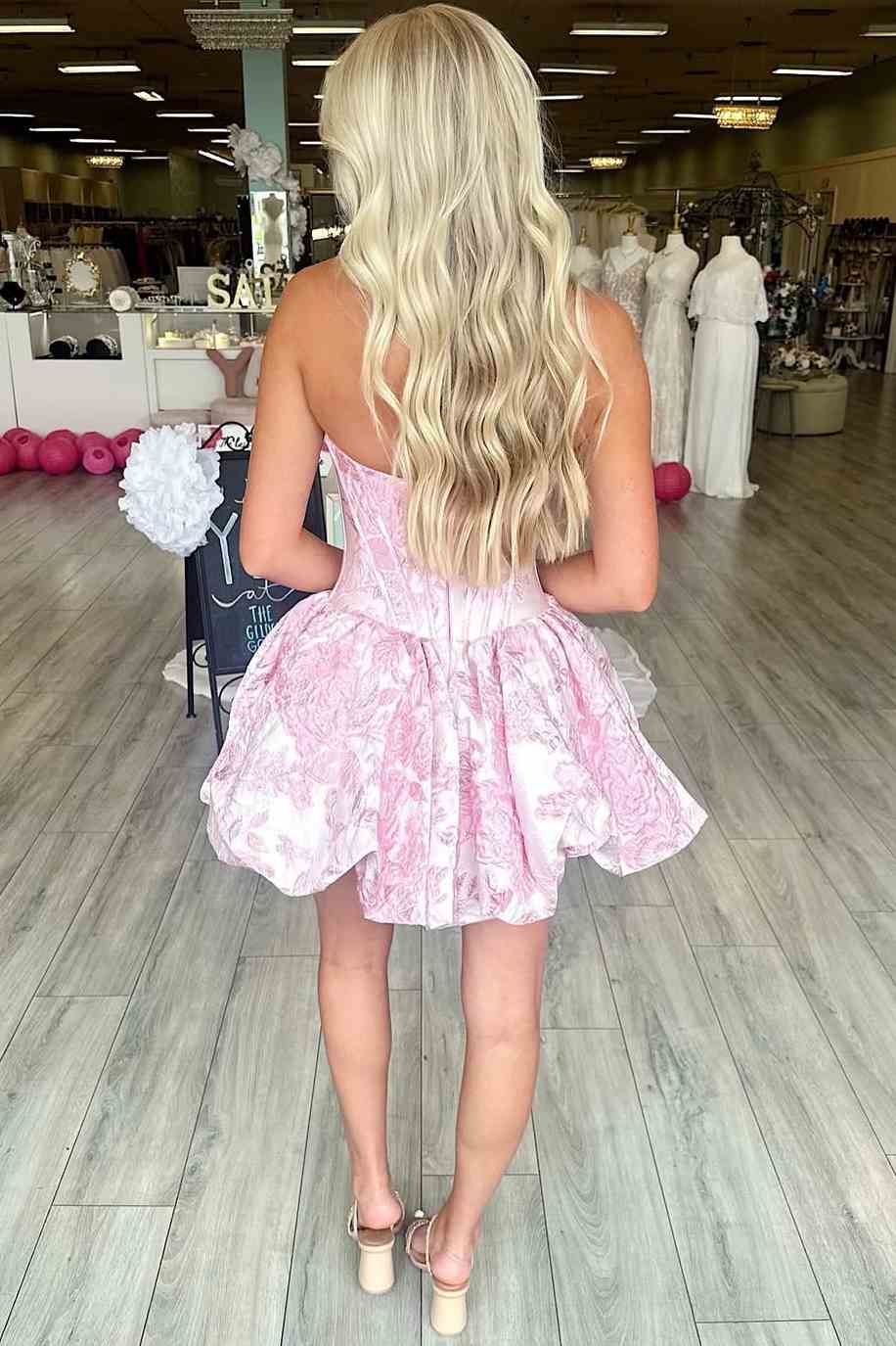 Pink A-Line Jacquard Strapless Empire-Waist Sleeveless Homecoming Dress