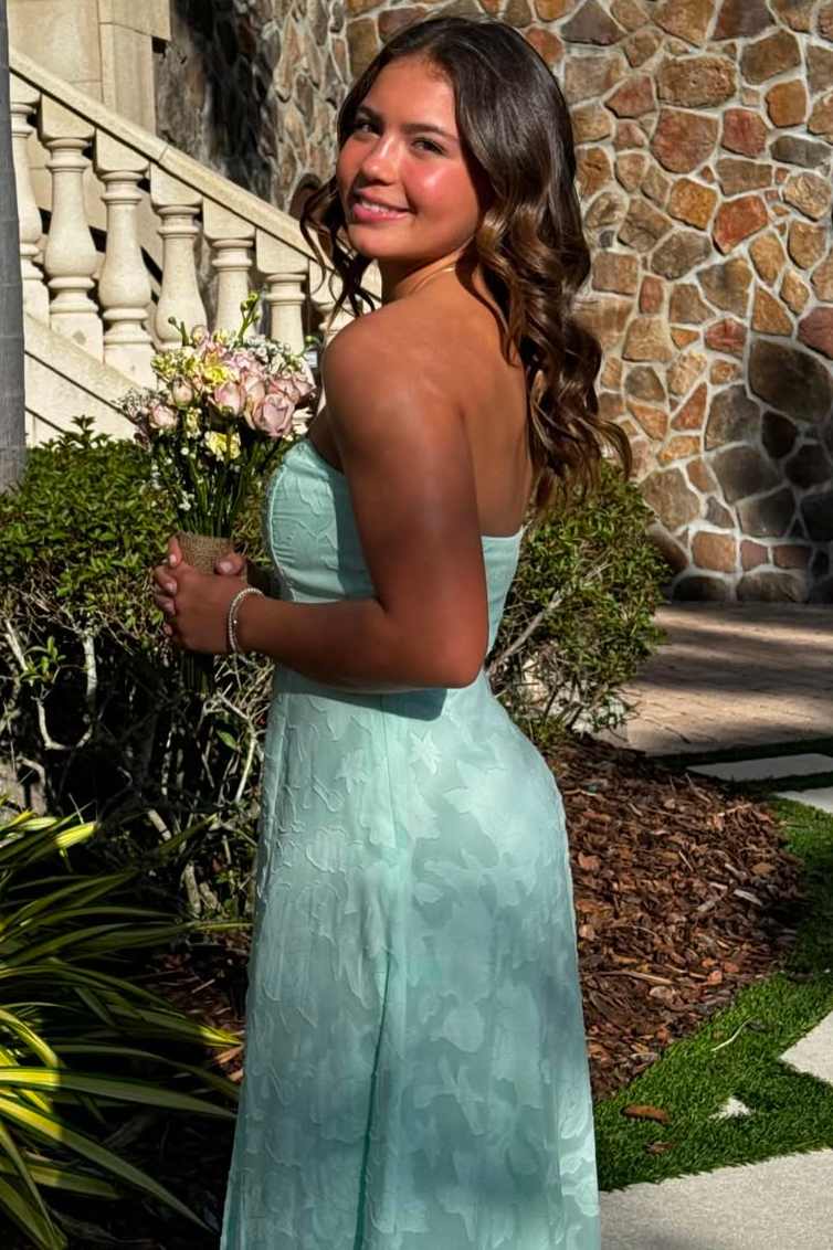 A-Line Strapless High Slit Sleeveless Lace Appliques Prom Dress