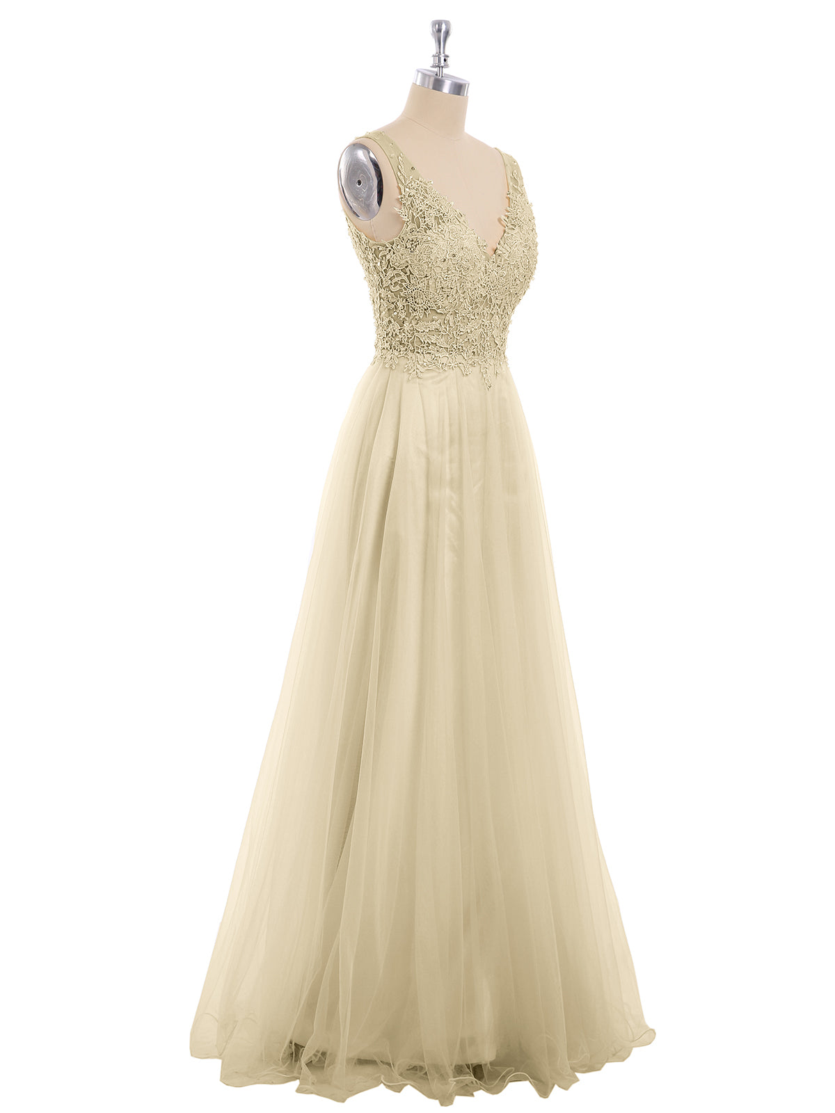 Long Tulle See Through Bodice Dress-Champagne
