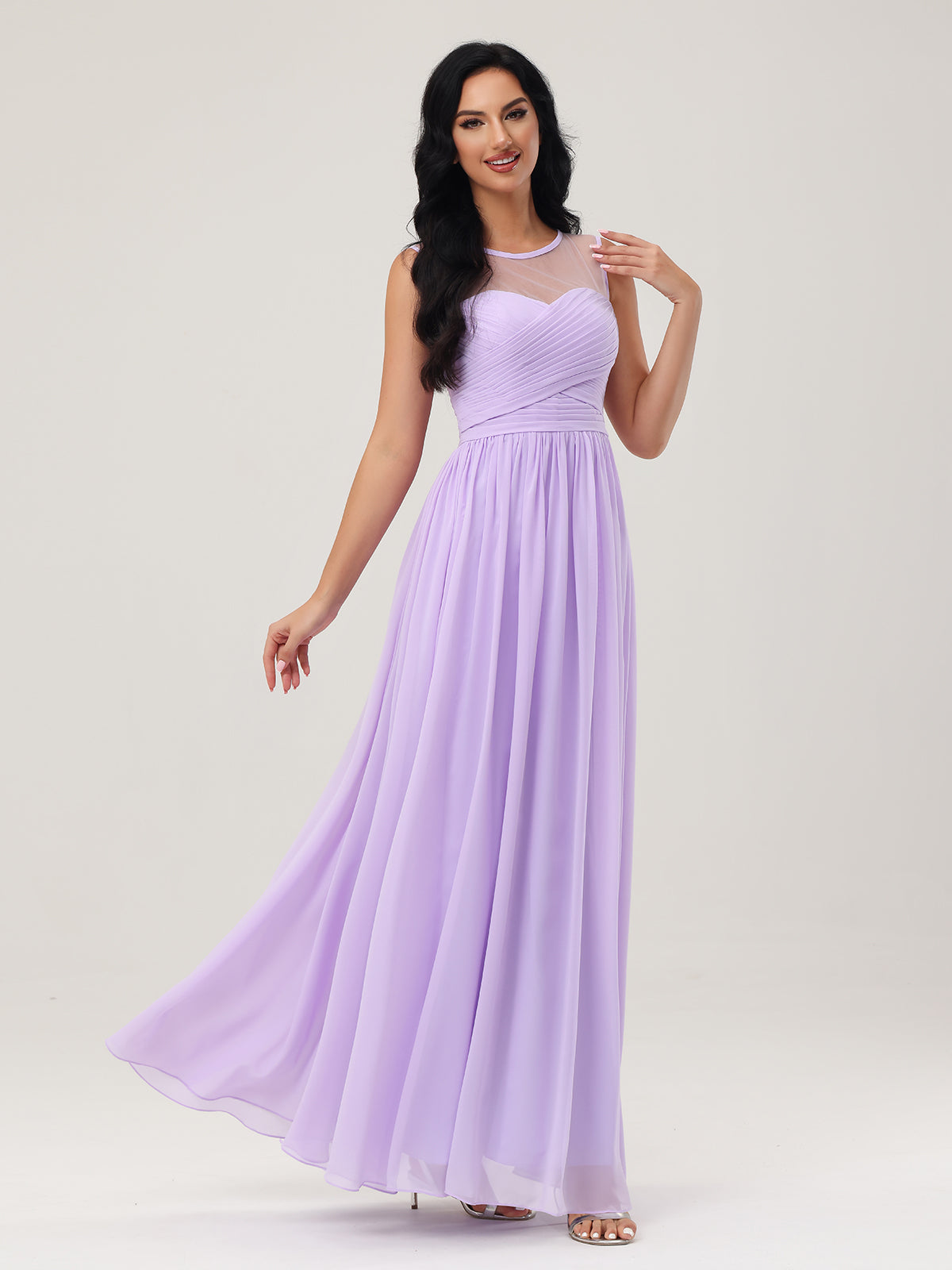 Long Chiffon Gowns with Illusion Neckline-Lilac