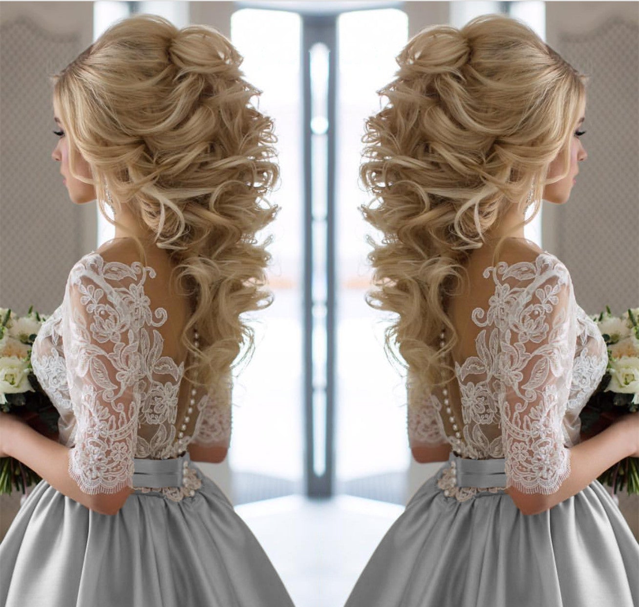 Modest Half Sleeves Lace Appliques Silver Wedding Dresses Satin