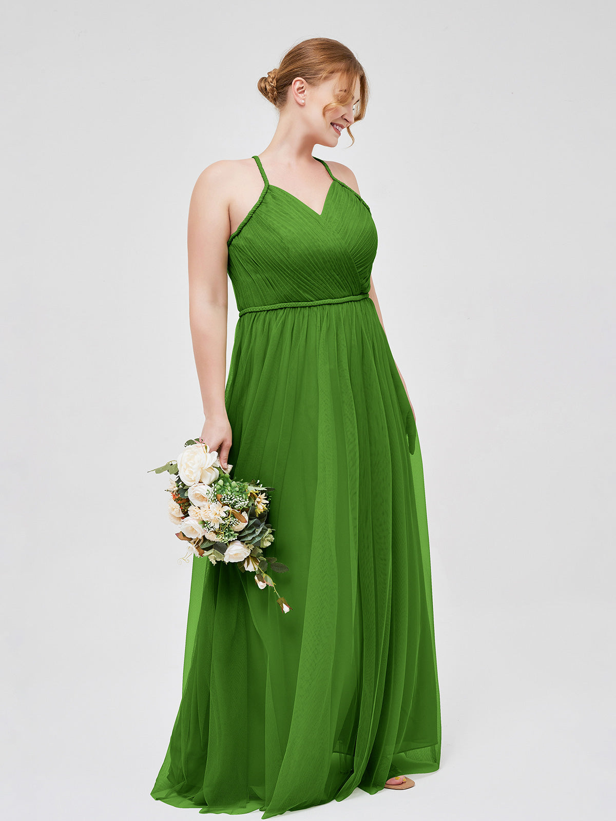 Twist Straps Tulle Maxi Dress with V Neckline Moss