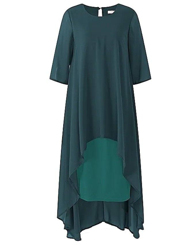 Sheath / Column Mother of the Bride Dress Plus Size Jewel Neck Knee Length Chiffon 3/4 Length Sleeve with Ruffles Ruching - RongMoon