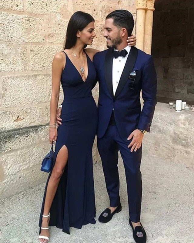 Navy Blue Mermaid Prom Dresses Leg Slit