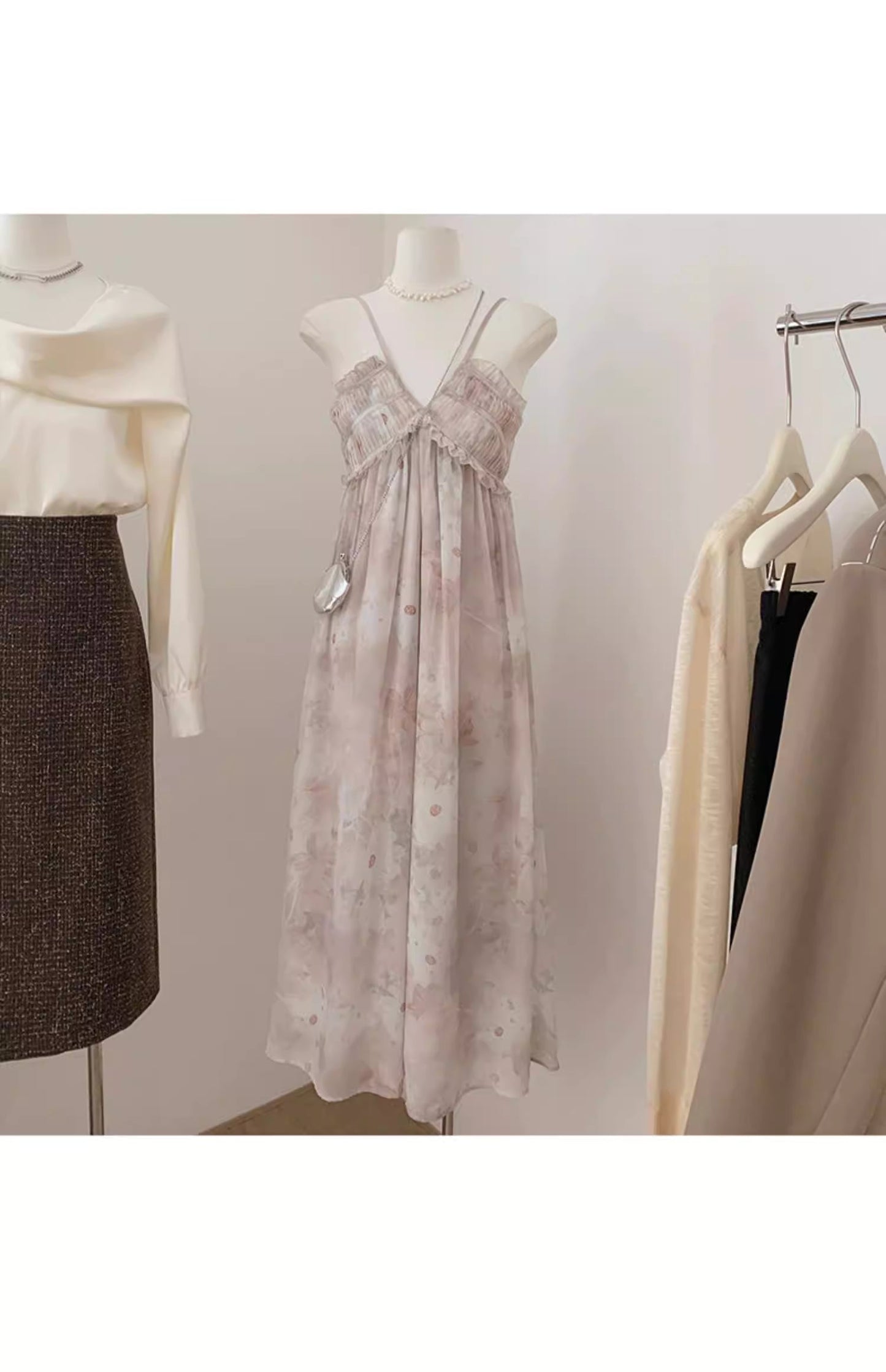 Summer fresh and elegant French style first love long dress, pure and sweet floral print sleeveless sundress 11490