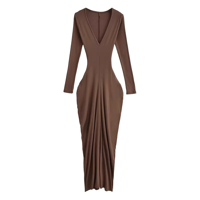 European and American style sexy pleated bodycon skirt autumn new thick brushed V-neck elegant long dress 11426
