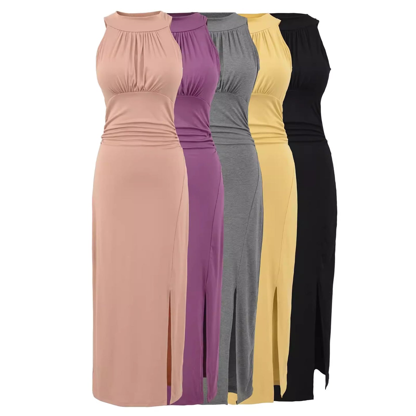 Pink halter neck dress with bra pads and ribbons, elegant long dress with slit, slim fit, sleeveless, bodycon dress. 11431