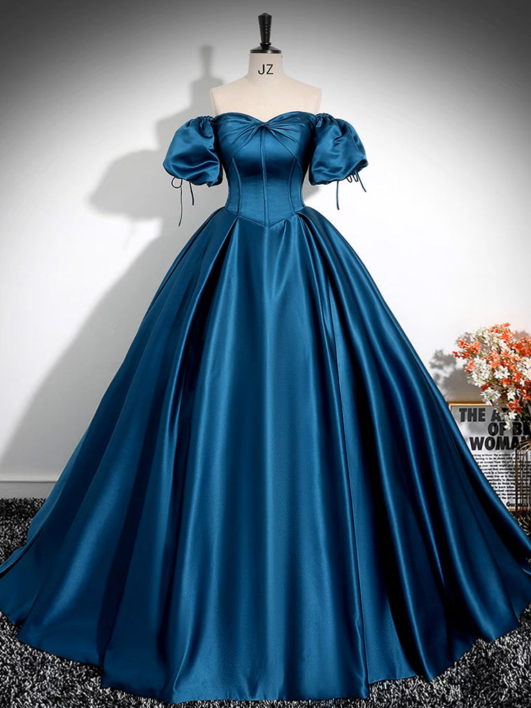 A-Line Puff Sleeves Satin Peacock Blue Long Prom Dress, Blue Long Formal Dress