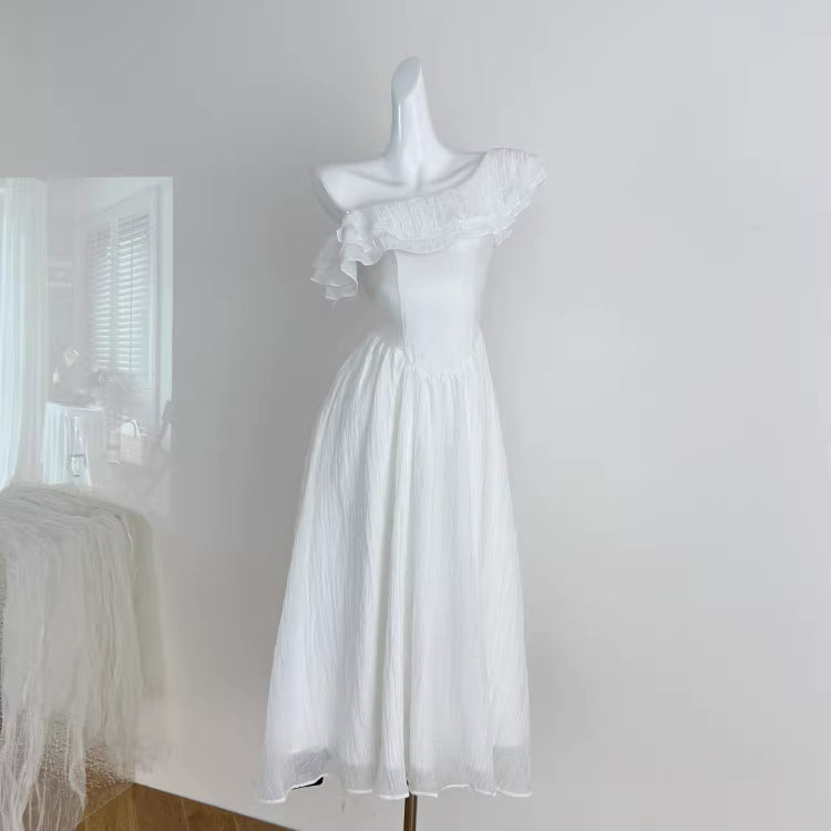 French-style gentle off-shoulder ruffled white dress, new spring style, elegant and slimming, fairy dress. 11456